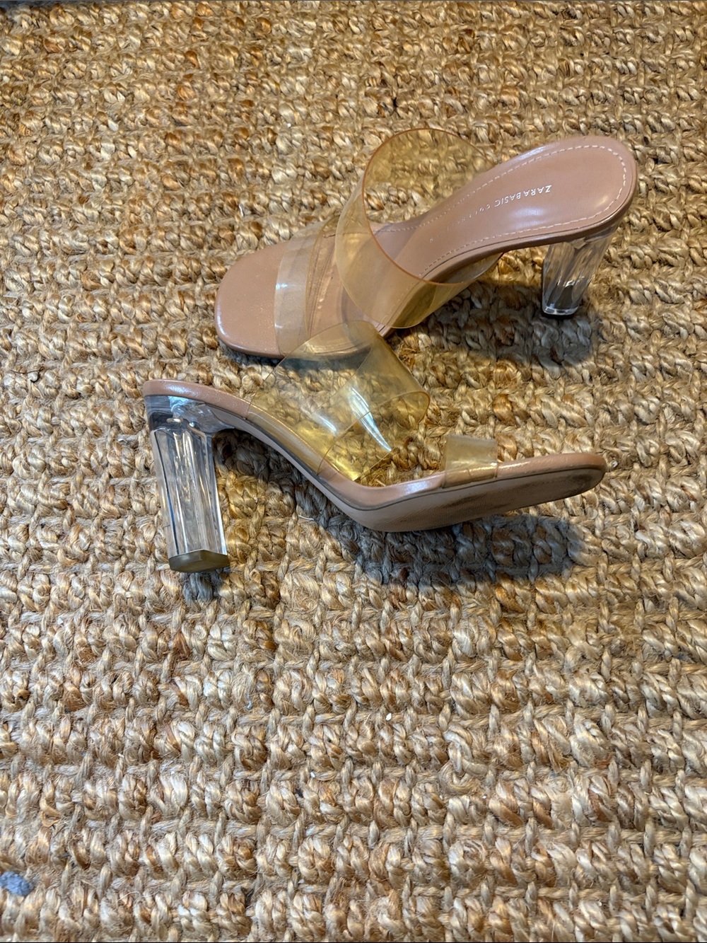 Zara Nude Mules with Transparent Double Straps and Clear Block Heel